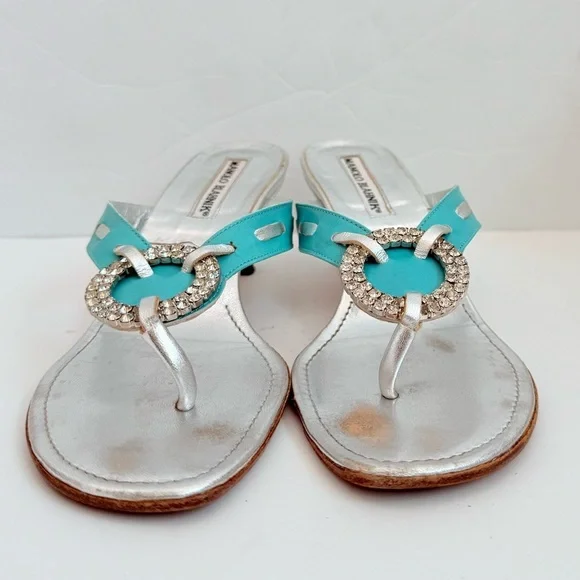 Manolo Blahnik Silver Turquoise Leather Vintage crystal thong sandals EU37 US 7 - Picture 3 of 10